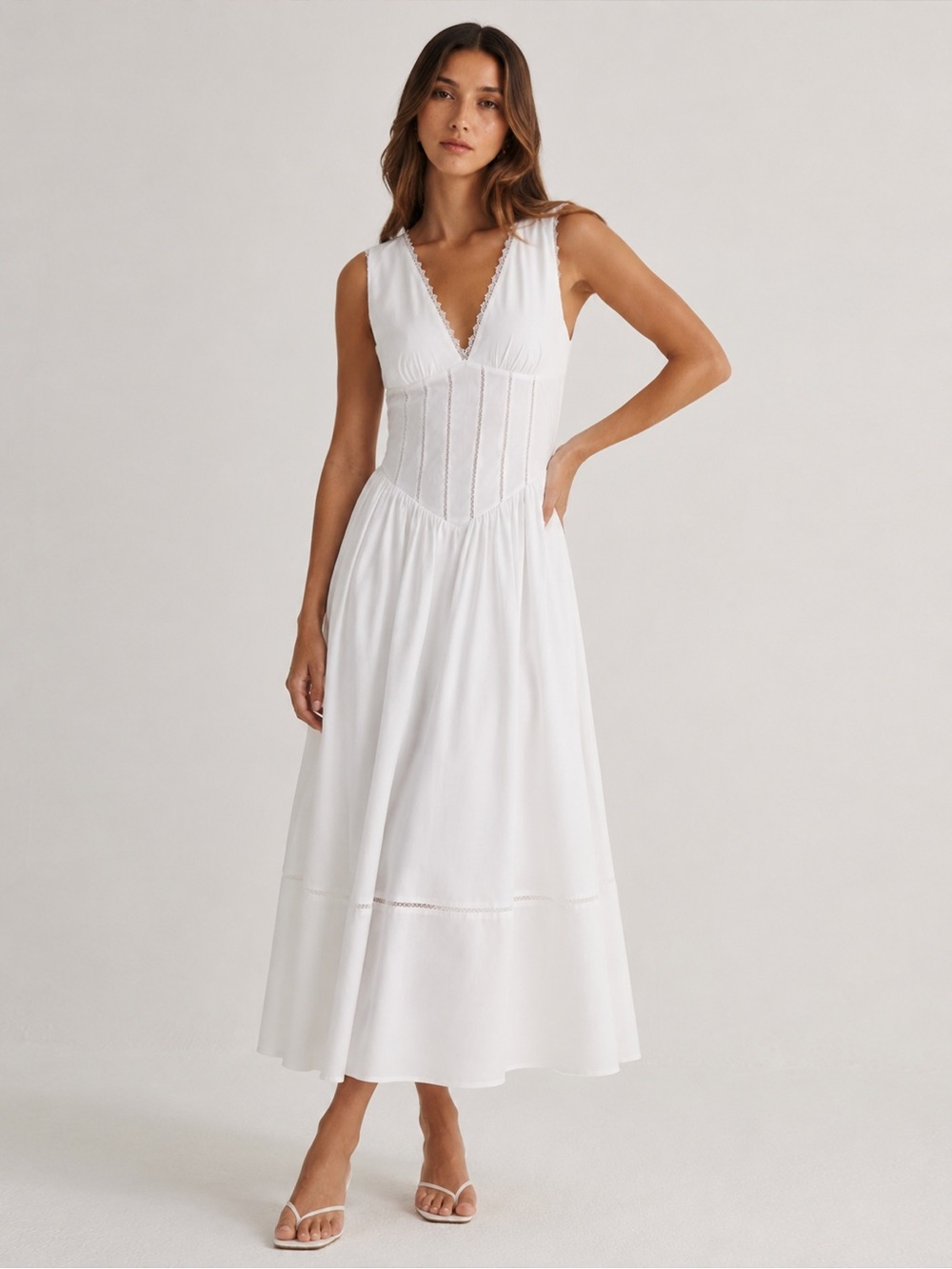 COMMENSE Lace Trim V-Neck Corset Midi Dress Off White